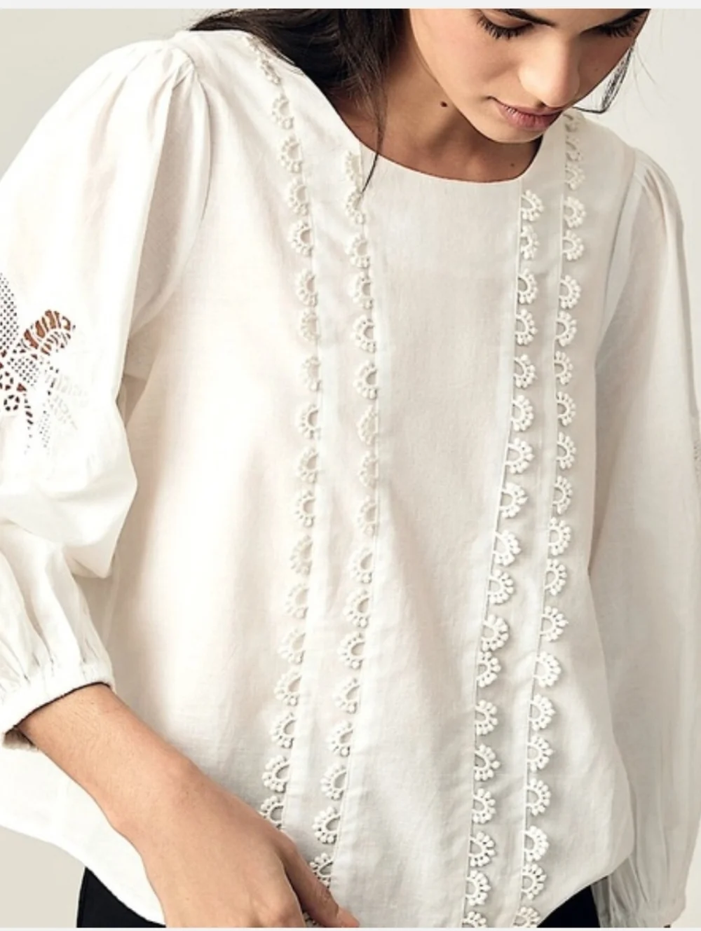FARM RIO Palm Tree Cut Out Bohemian Puff Sleeve Ivory Top Small NWT